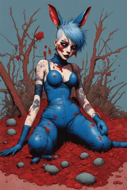 Tank girl, lying pose, rabbit mask, blue short hair, latex suit, highly detailed, fullbody, splashes blood, behind guts rising from the ground, papercut illustration by <John Kenn Mortensen>, darkred tones,