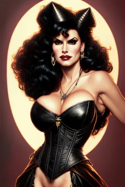 painting of lisa ann as evil queen in black leather, feminie, angry, stern look on her face, volouptous, busty, cleavage, emperious, mature, highly detailed, digital painting, artstation, concept art, smooth, sharp focus, illustration, art by gaston bussiere and alphonse mucha