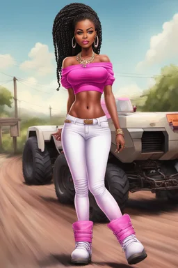 Create a digital airbrush cartoon of a curvy African American female wearing tight white jeans and a off the shoulder hot pink blouse. She is also wearing timberland boots. Prominent make up with hazel eyes. Highly detailed very long extremely braids of black hair. Her skin is smooth and silky. Background of a track of ATV riders.