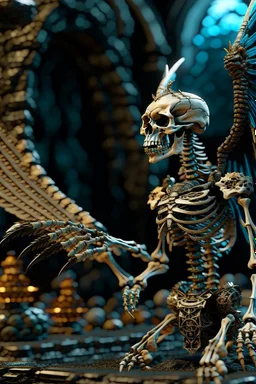 terrifying winged angel lich skeleton dragon with rattle snake head on underground bone bridge, in the style of fantasy movies, photorealistic, shot on Hasselblad h6d-400c, zeiss prime lens, bokeh like f/0.8, tilt-shift lens 8k, high detail, smooth render, down-light, unreal engine 5, cinema 4d, HDR, dust effect, vivid colors