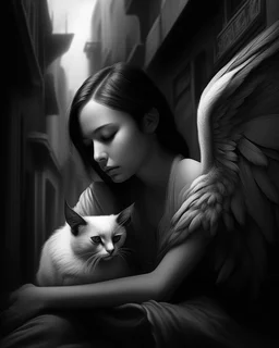 Prompt: An closeup portrait of a ultra-realistic black-and-white cinematic photograph with dramatic chiaroscuro lighting and a soft depth-of-field, inspired by fine art street photography. A guardian-like angelic woman with large, detailed wings crouches protectively in a narrow cobblestone alley, gently holding a sleeping Oriental Shorthair Siamese chocolate point cat in a clearly protective and caring posture, conveying safety, warmth, and compassion. The alley is enclosed by tall urban buildi