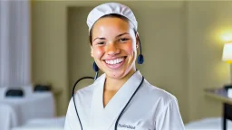 hotel housekeeping smiling with white earbuds