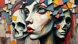 A unique celebration of color and watercolor paint brush detail, featuring a girl chaotic head An oil painting of broken ceramic pieces in with a ceramic Polish portuguese with an abstract checkered brush with zig-zag outlines impasto style with thick, textured brushstrokes. effect anomalous mystical horror fortal eerie background stack of mirrors millions tilted towards a collage of terrifying pixelated faces Holes with the face of the eyes slayer blue string panel paint thinner color roug
