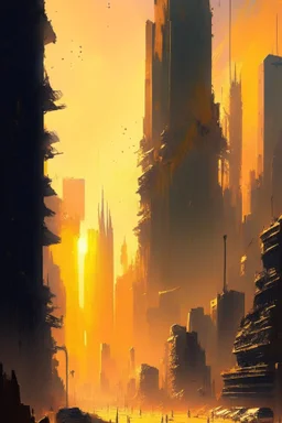 The dazzling metropolis decorated with towering skyscrapers and bustling with life is being subjected to the merciless ravages of the blazing summer sun causing it to gradually liquefy into a gooey molten mess, apocalyptic landscape of a cityscape melting under the scorching heat of the sun, Digital painting, Highly detailed, art by ian mcque and sparth, Dark, Post-apocalyptic, Vivid, Sharp focus, Artstation, Sci-fi, abstract.