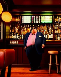 Portrait of a fat detective in a bar, 16k, ultra realistic, high resolution, highly detailed, beautiful, cinematic, bloom, intricate, attention to detail, hyperrealism, depth of field, volumetric lighting, high contrasts, shadows, colorful