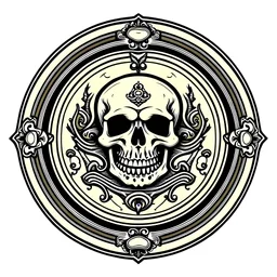 A simple crest that is one inch in diameter that depicts a throne decorated with a single skull on it's top