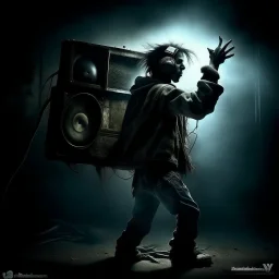 Undead rotting zombie (holding up a boombox over his head:1.9) like scene in movie "Say Anything", romantic gothic horror atmosphere, digital art, moody, dramatic, midnight zombie serenade