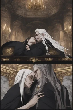 Toomb of the vampire Count Strahd Von Zarovich. Grand room, stone and marble, dark, black coffin made of polished ebony wood and brass. No windows. Perspective close to the coffin. Strahd leaning back on the coffin, being kissed by a woman with long white hair.