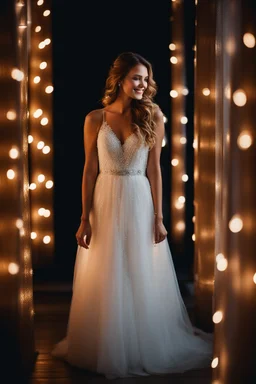 A happy Beautiful girl wearing a wedding dress : Picture a delicate fluorescent glass sparkling lights adorned with glistening dewdrops. The tranquility of the scene mirrors the quiet strength that comes from embracing stillness and finding inspiration in the simplest moments.