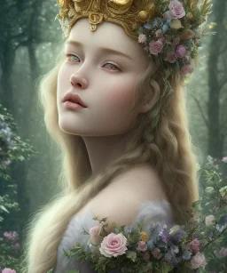 Young beautiful girl wearing floral crown, standing next to a majestic, stunning lion on nature forest path, floral crown, Chronicles of Narnia, 8k resolution, high-quality, fine-detail, iridescent, intricate, digital art, detailed matte, volumetric lighting, beautiful, illustration, 3D octane render, brian froud, howard lyon, selina french, anna dittmann, annie stokes, lisa parker, greg rutowski,