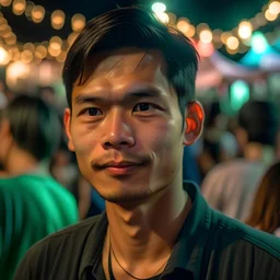 A portrait of a beautiful asian man in 2023, at an outside party, aged 25, with color