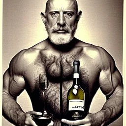 burly muscular ugly 58 year old man bald with short beard and tank top manly chest chooses a bottle of wine in a cellar full of wine bottles dramatic light angry eyes highly detailed