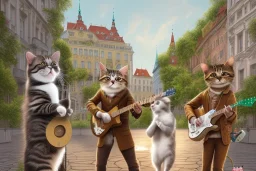 Group of three mature cats musicians, one cat playing guitar, one cat playing drums, one cat holding microphone and singing, street, Vienna, smiling, sunny day, model style, hyper realistic, extremely accurate, delicate, extremely detailed, Graphic novel style, wide-angle, open aperture, superfine pencil