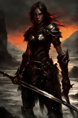 A formidable warrior girl in black armor, on the background Amazing gloomy landscape, flooded with sunset, mountains, trees, fabulous scary hero, , juicy emotions, painting, dark fantasy, bad weather, gloomy day, dark world, by Raymond Swanland & James Paick