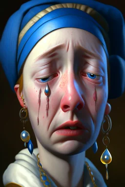 Portrait Painting Of A Very Beautiful Woman, crying eyes, Girl with a Pearl Earring, 30 years old, Awesome Pose, turning her head., Tears in his eyes, Character Design By Mark Ryden And Pixar And Hayao Miyazaki, Unreal 5, Daz, Hyperrealistic, Octane Render, Dynamic Lighting, Volumetric lighting, Intricate Detail, Summer Vibrancy, Cinematic