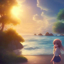 Anime little girl day, sunny, relaxing, sea, trees, real details anime style, realistic, glowing beach, 8k