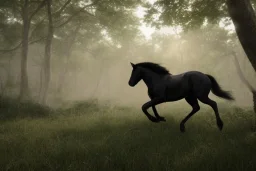 A black stallion galloping through the woods