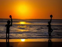 children playing on the Indian beach capture them against the sun and make an art silhouette, hyper details, real sharp, 8k, well detailed