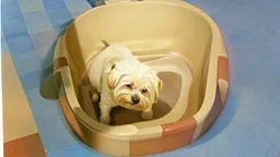 A white dog sitting in a bathtub, with a checkered floor and colorful background