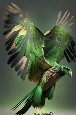 Chicken with a massive wingspan, green acacia leave color, feathers, gripping talons, large beak