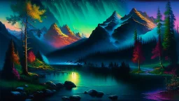 Serene landscape by night with northern Lights with river running trough mountains, a forest with a lot of vibrant colors, in the style of bob ross, thomas kadinskade and albert bierstadt. Peacefull and calming, intricate details, vibrant.