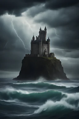 dark castle floating over a stormy sea, pennington