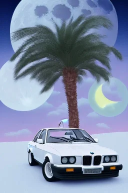 1980's aesthetic vaporwave palm trees with lighting with moon with bmw in the winter snow