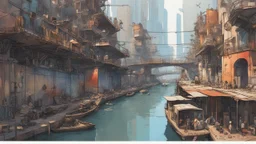 Water-level view of buildings made of reused dirty rusty metal next to futuristic canal junction, cyberpunk, many painted colours, flying boats, balconies, bridges, people, shopping, eating, walking, fifth element, ghost in the shell, altered carbon, Ian McQue, lineart and watercolour