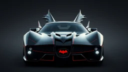 batmobile concept inspired from a 2025 ford mustang dark horse with a large elaborate spoiler and batman symbol style fins, batman symbol in grille, lower wind deflector. red stripes like 1960s adam west batmobile