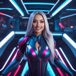 (masterpiece, best quality, 8k, RAW photo, beautiful and aesthetic:1.2), complex detail, Indirect light, photorealistic, (((full body))), Cosmic Baby corp boss style smiling, Long clear curvy hair, colorfull Sci-Fi environment