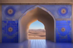 dancing atoms on an open gothic_arab gate in blue-tiled wall with a view of a desert city by artist "Higgs Boson",by artist "bubblewrap",by artist "meltingness";by artist "3D textured embossed relief shadows;by artist "Dale Chihuly"