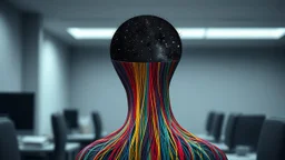 human figure visible only up to the shoulders of colorful threads , the threads forming the head are half-disintegrated, from the head and behind the threads in his head the dark universe with a few stars is visible, the background is gray and blurry office background, surreal image, detailed, sharp contrasts, realistic, cinematic, weird vibe