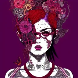 beautiful punk girl, hyper detailed, hyperdetailed, intricately detailed, illustration by <asaf hanuka>, purple tones, darkred tones,