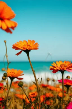Old polaroid, near the sea, wild delicate flowers, orange, pink, turquoise, red, in the sun, delicate, bokeh
