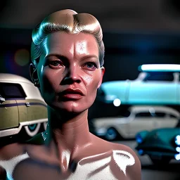 Ultra Realistic retro sci-fi, Supermarket parking scene, 1960 year, blonde woman, sweet young Kate moss face, x ray lights eyes, face makeup, tight latex coat, levitating cars, many panic people, Retro sci-fi style, soft color, highly detailed, unreal engine 5, ray tracing, RTX, lumen lighting, ultra detail, volumetric lighting, 3d, finely drawn, high definition, high resolution.