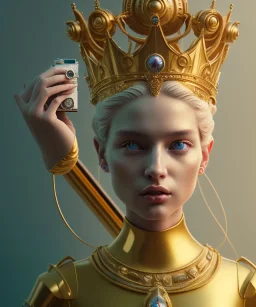 Statue of Queen of photography holding camera in hands. Cute blonde woman. Photographer in golden crown. Standing on the street. Big camera in her hand. hyperdetailed, photorealistic, trending on artstation, greg rutkowski, beksinski, kodachrome, volumetric lighting, gold and cyan