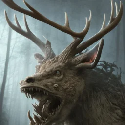 A humanoid figure monster 8K horror deer stag frightening with wendigo antlers, highly detailed digital art, sharp focus, trending on art stations Kentaro Miura manga art style artgem pixar