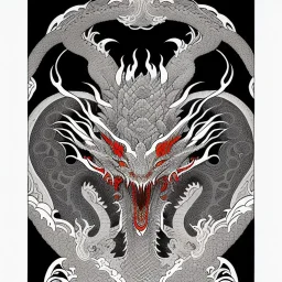 Ukiyo-e styled art, black and white picture with a red dragon