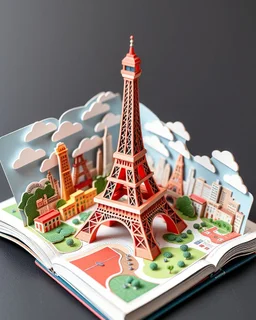 a book containing folded cut-out pictures that rise up pop out spills out embossing vibrant colors papercrafts to form a three-dimensional scene Micro Eifel Tower Paris