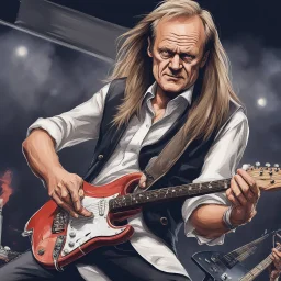 donald tusk with metal guitarist with long hair waving aggresivily card game