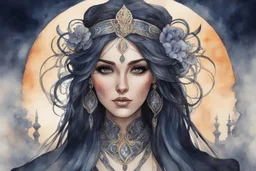 create an ethereal, darkly magical watercolor illustration of an epic female Andalusian sorceress with highly detailed and deeply cut facial features, in the style of CHARLES RENNIE MACKINTOSH