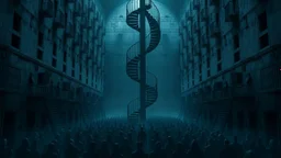 Many Stairs between walls and buildings in bleak prison, in center a big vertical spiral staircase the end of which cannot be seen, underneath many black human silhouette, dark blue and gray colors, cold, grim vibe, high detailed, surreal, dark, cinematic