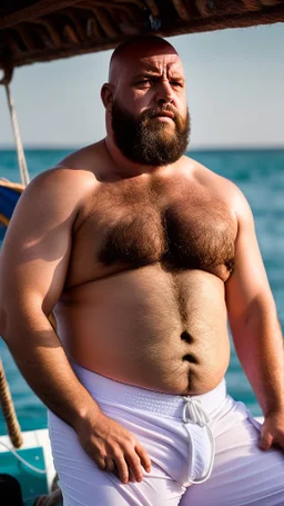 photography of a burly marocan fisherman sunbathing sitted in a fisher wooden boat, in little white french briefs, bulge, tattoo, manly chest, ugly, 41 years old, bullneck, white curly beard, bald, muscular chubby, angry eyes, photorealistic, Canon EOS, 8k