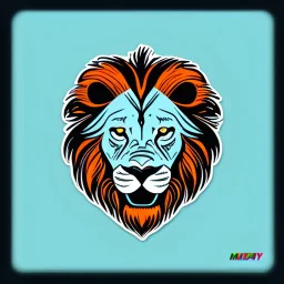 A sticker design in a minimalistic style featuring a caricature lion in vivid colors. The subject is presented alone on a neutral background.