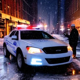 large cop drinking a coffee standing next to a cop car, snowy streets of new york at night, dramatic, dramatic lighting, volumetric lighting, hyperrealism, 8k, high quality, photorealistic, lot of details