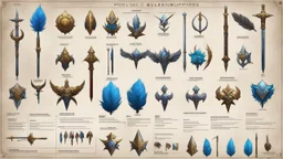 ConceptSheet blueprint [illustrations] timeline of pole arms decorate with highly coloured feathers Loadout Concept: Spear, Pike, Halberd, Glaive, Voulge, Partisan, Bardiche, Ranseur, Spetum, Lucerne hammer, Bec de corbin, Poleaxe, Naginata, Yari, Bisento, Guandao, Ji, Qiang, Trident, Boar spear, Awl pike, Corseque, Fauchard, Voulge-guisarme, Guisarme, Bill, Lochaber axe, Tabarzin, Man catcher, War scythe, Horseman’s pick, Hooked halberd, Boar sword, Harpoon, Lance, Pilum, Hasta, Contus, Sarissa