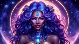 Full body portrait of a peaceful smiling gorgeous rose hair Goddess of the galaxies with a blue indigo purple skin, high skul, luminous eyes