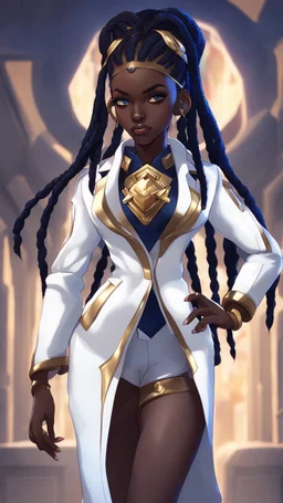 sci-fi, arcane animation series style, league of legends, Solo, 1girl, attractive female with freckles, african, dark skin, golden eyes, dark hair, braided dreadlocks, earrings, makeup, (detailed skin texture), white and indigo-blue suit