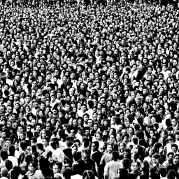 full colour man in black and white crowd,