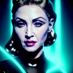 madonna, blonde replicant woman, blade runner style, rain, fog, neon ambient, gradient color, clean skin, circuits, latex coat, cyber punk, neon, tubes, portrait, studio photo, unreal engine 5, smooth color, 16 bit, god lights, ray tracing, RTX, lumen lighting, ultra deatail, volumetric lighting, 3d, finely drawn, hd.